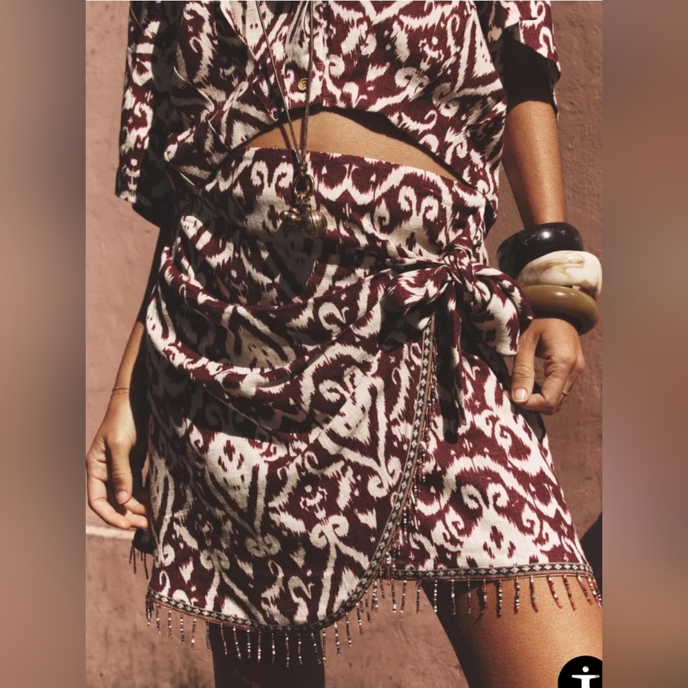 Zara Burgundy and White Ikat Tie-Front Mini Skirt